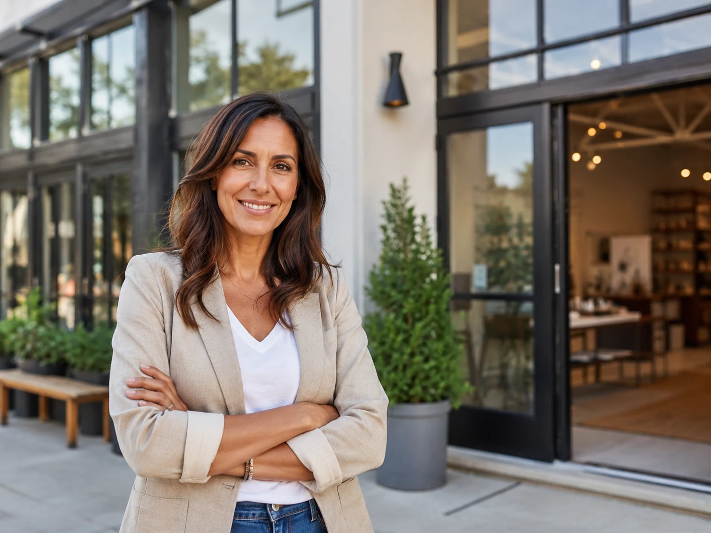 Confident business professional standing outside a modern office entrance