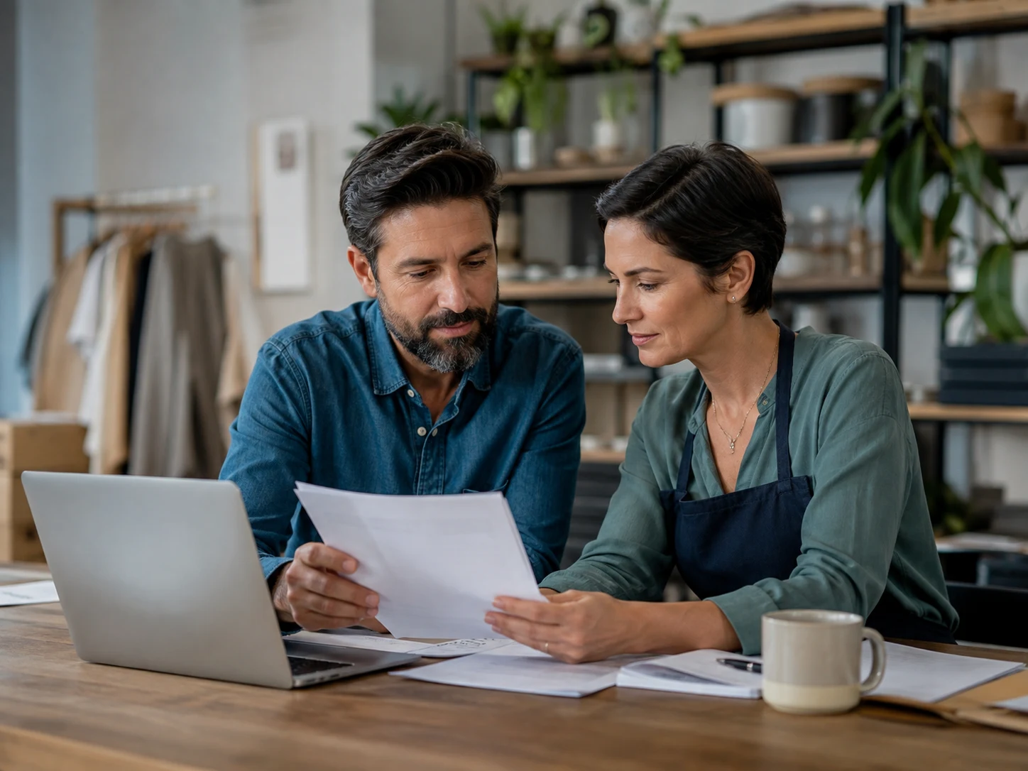 Small business owners reviewing insurance and business documents